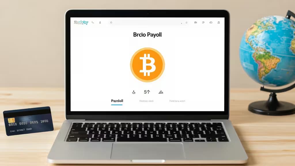 Laptop displays crypto payroll interface with Bitcoin logo, credit card, and globe on wooden desk.
