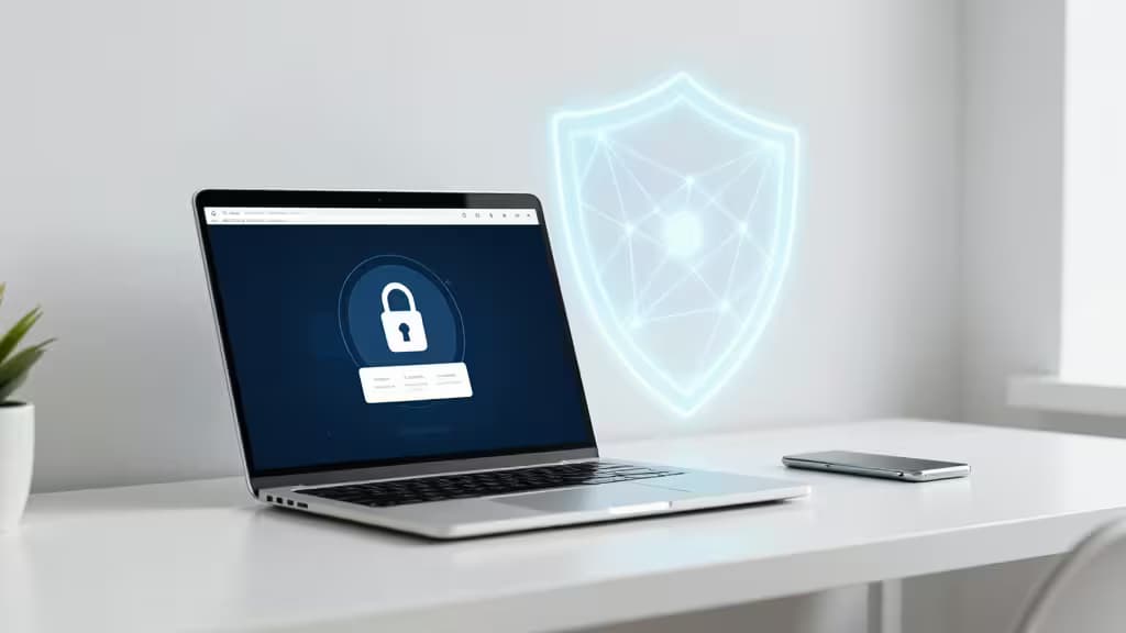 Laptop displays lock icon beside glowing shield, symbolizing secure home office VPN solutions.