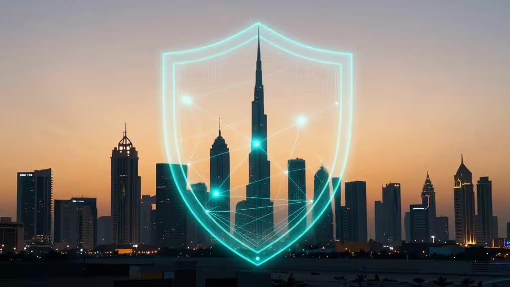 Eine leuchtende cyanfarbene Schildform schwebt über der Skyline Dubais bei Sonnenuntergang und symbolisiert sicheren VPN-Schutz für Reisende.