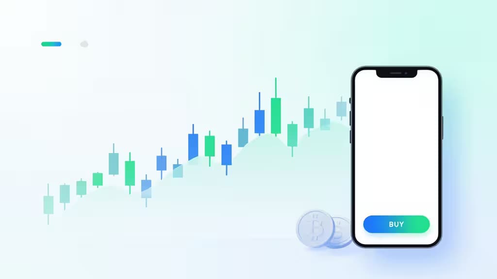 Abstract illustration of a clean cryptocurrency trading dashboard with minimalist candlestick charts in muted blue and green tones alongside a smartphone showing a simple buy button.