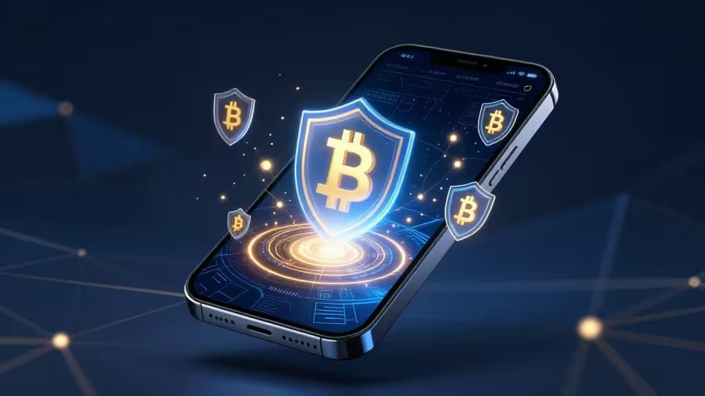 Smartphone displays glowing Bitcoin shields, symbolizing top-tier crypto security for mobile devices in 2024.
