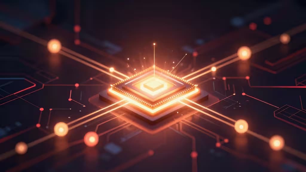 Abstrakcyjna ilustracja przedstawiająca cachowanie danych in-memory: świecące węzły danych połączone strumieniami światła z centralnym rdzeniem pamięci