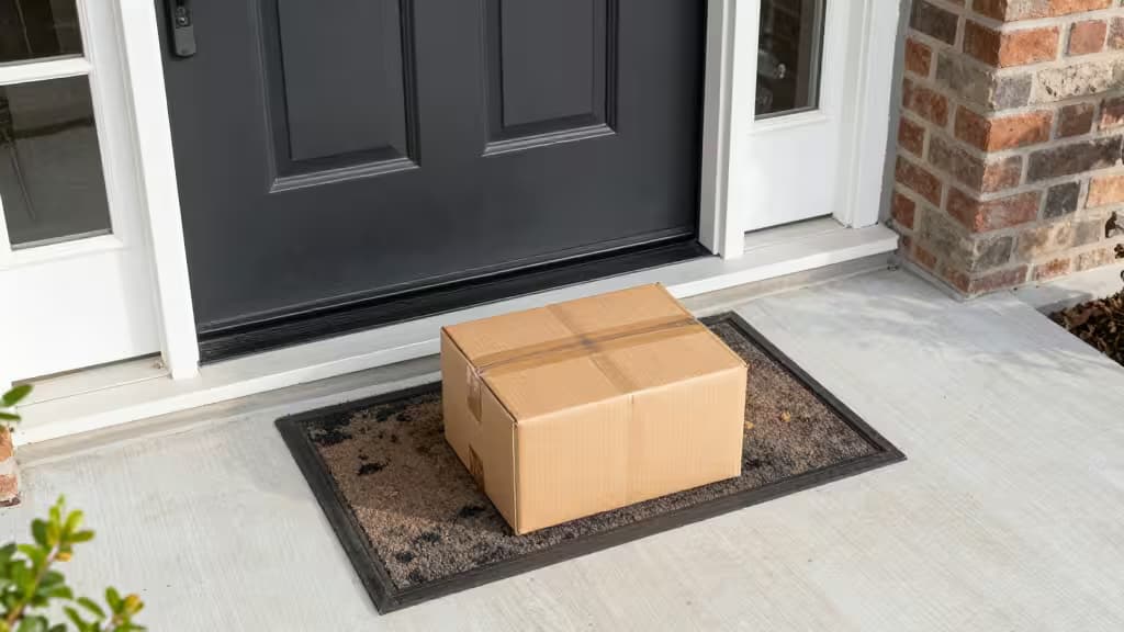 Cardboard package sits on doormat before dark door, awaiting smart camera surveillance.