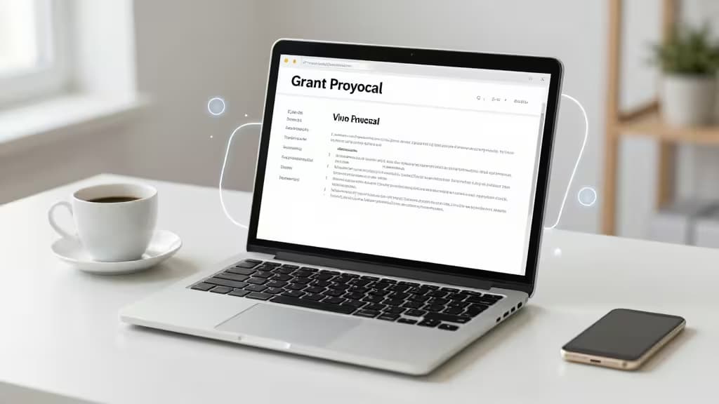 A laptop displays a grant proposal with abstract AI elements, set on a desk with coffee and phone.