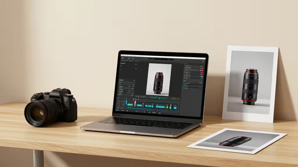 Una cámara, un portátil editando una foto de lente y fotos de producto impresas sobre un escritorio de madera.