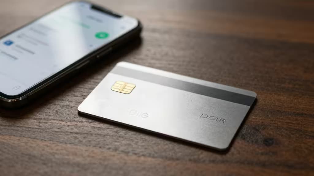 Eine elegante silberne Crypto-Debitkarte mit goldenem Chip liegt neben einem Smartphone auf einer Holzoberfläche.