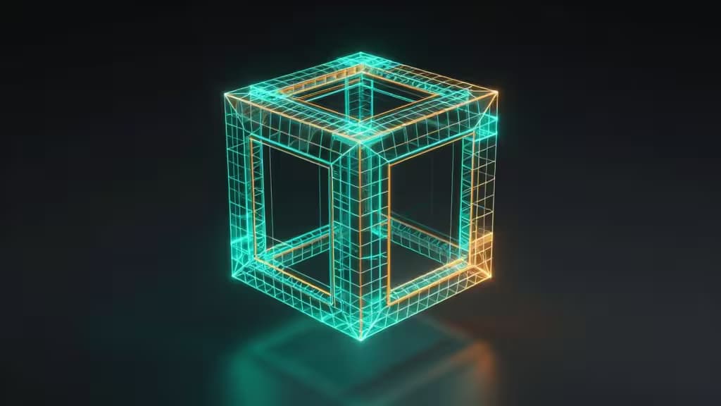Abstract 3D wireframe mesh of a low-poly game asset with glowing teal and orange accents on a dark studio background