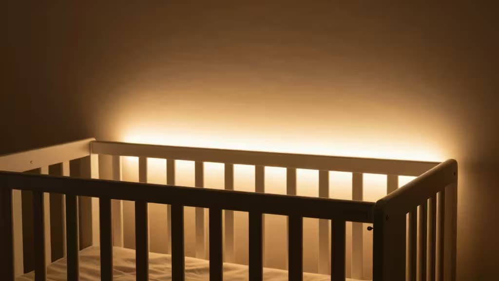 Soft warm amber light glowing behind a minimalist nursery crib in a dark, cozy room.
