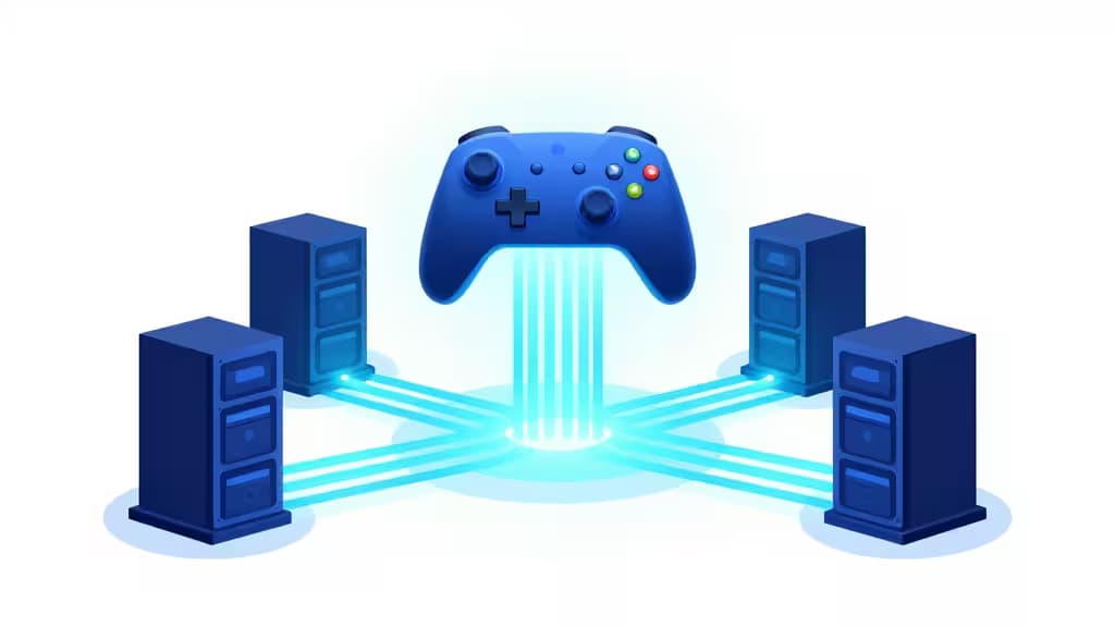Illustration abstraite d'une manette de jeu lumineuse survolant un réseau de fibres optiques reliant des tours de serveurs, dans des tons bleu profond et cyan électrique.