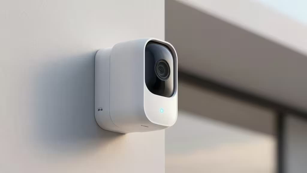 White plastic security camera mounted on wall, blue LED indicator lit, modern design for smart home.
