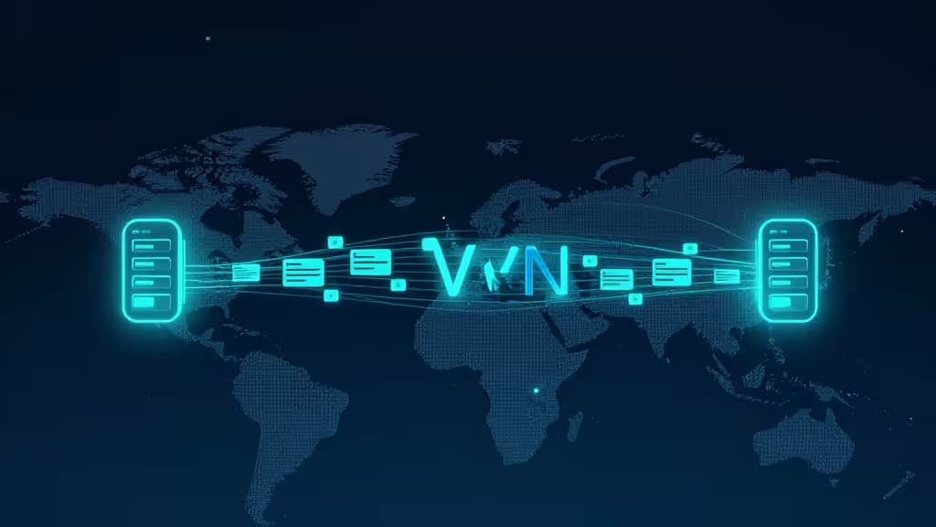 Glowing cyan server icons link via data streams across a dark world map, illustrating multi-hop VPN encryption.