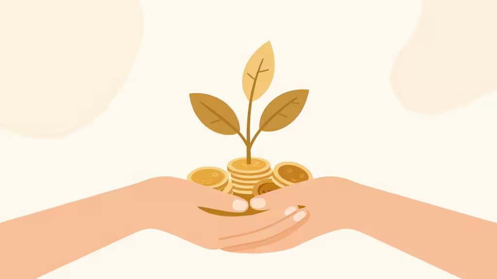 Illustrazione astratta di mani che sorreggono una pianta di monete, simbolo di sostegno comunitario e crescita finanziaria per organizzazioni nonprofit