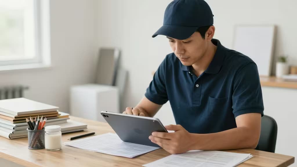 Contractor in navy cap reviews expenses on tablet at wooden desk with papers and pencils.