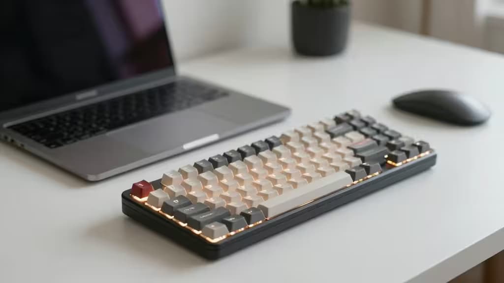 Ein MacBook und eine mechanische Tastatur mit Hintergrundbeleuchtung auf einem weißen Schreibtisch, minimalistisches Design.