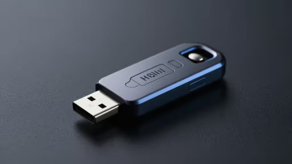 Ein blauer USB-C-Security-Key aus Metall liegt diagonal auf einer dunklen, strukturierten Oberfläche — der metallische Anschluss und der taktile Knopf sind unter sanfter Beleuchtung klar erkennbar.