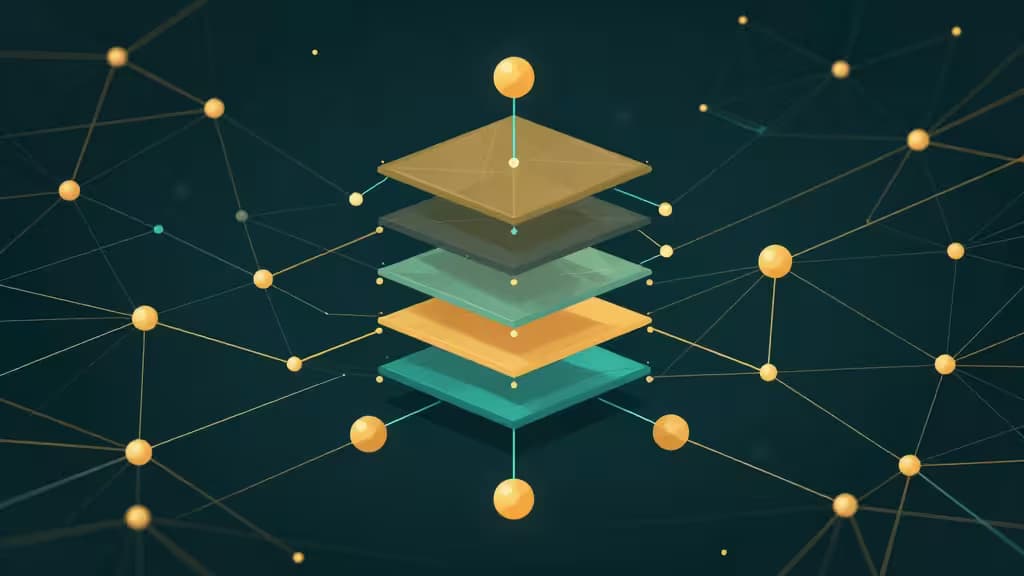 Stacked translucent protocol layers connect via glowing nodes against a dark network topology background.