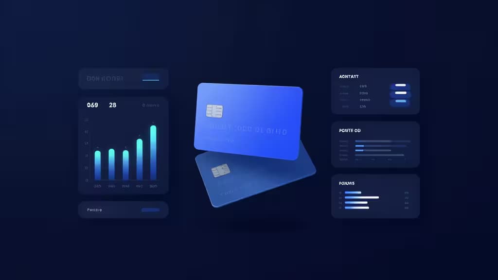 Cartões virtuais azuis flutuam ao lado de dashboards fintech com gráficos de barras e painéis de dados sobre um fundo escuro.