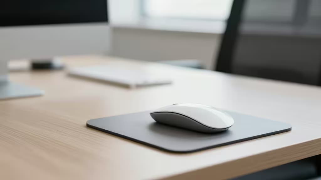 A sleek white wireless mouse rests on a gray pad atop a light wood desk.