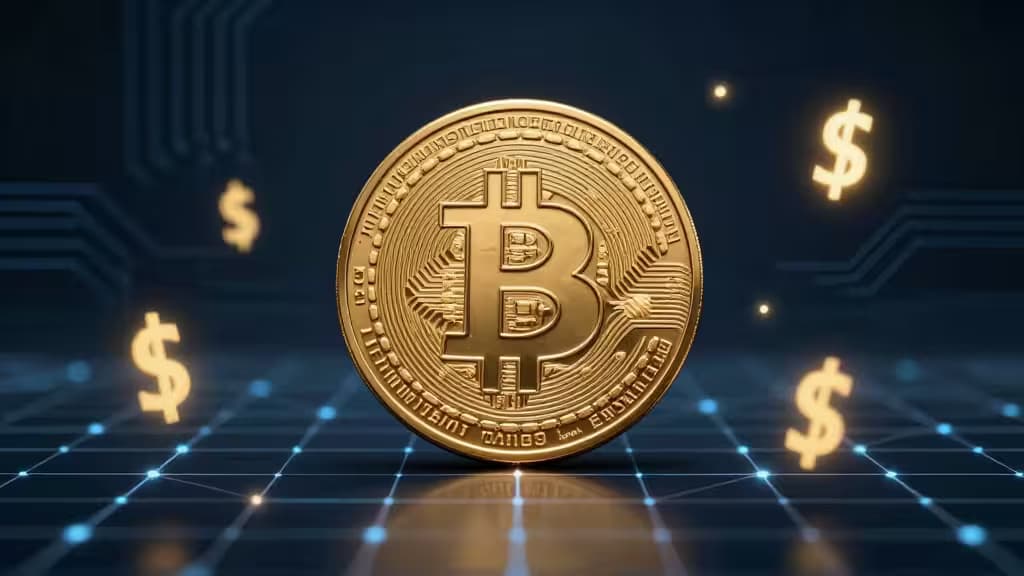 Złota moneta Bitcoin spoczywa na świecącym niebieskim gridzie, otoczona unoszącymi się symbolami dolara, symbolizując generowanie yieldu na platformach stakingowych w 2026 roku.