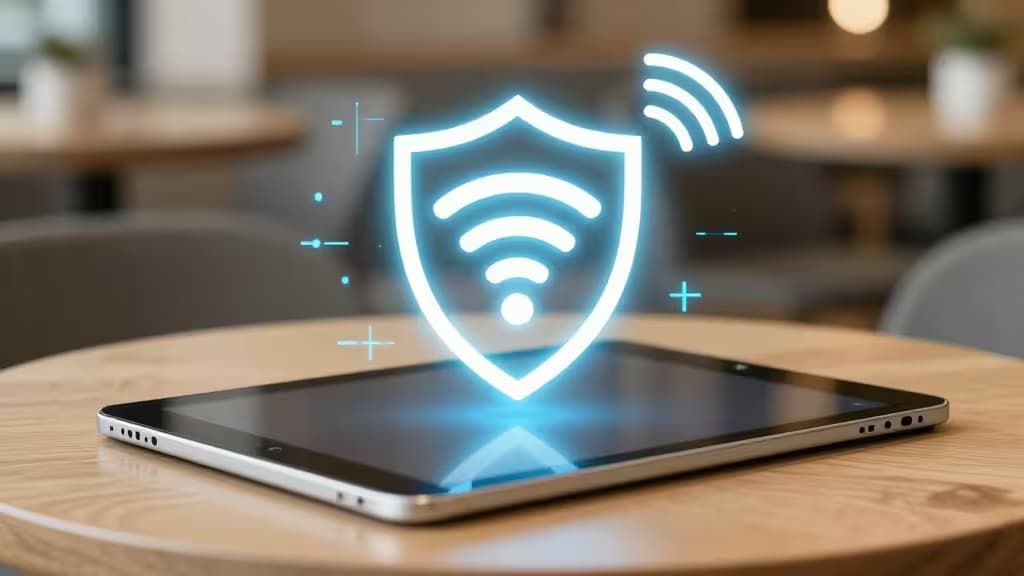 Glowing blue shield with Wi-Fi symbol hovers above a silver tablet on a wooden table.