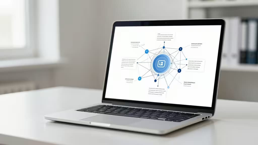 A laptop displays a network diagram of interconnected nodes, symbolizing AI-driven academic research analysis.
