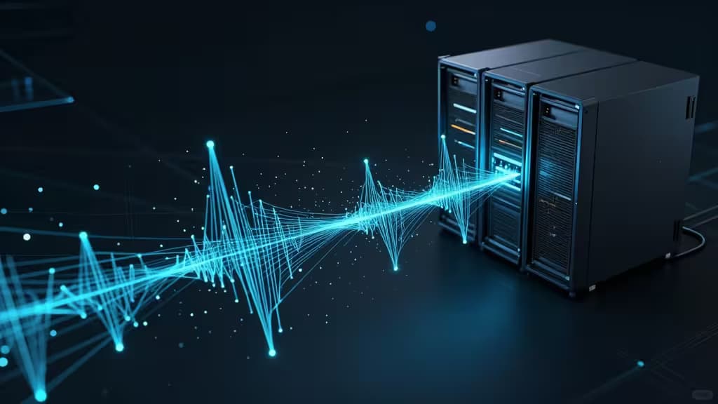 Glowing blue data streams flow into sleek server racks, symbolizing real-time IoT analytics.