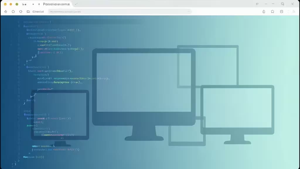 Blauer Gradientenhintergrund mit überlappenden Computermonitoren und dezentem Code, symbolisiert erschwingliche Web-Testing-Tools.
