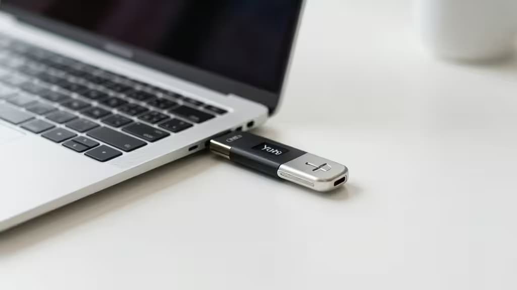 A sleek YubiKey security token plugged into a laptop’s USB port on a clean white desk.