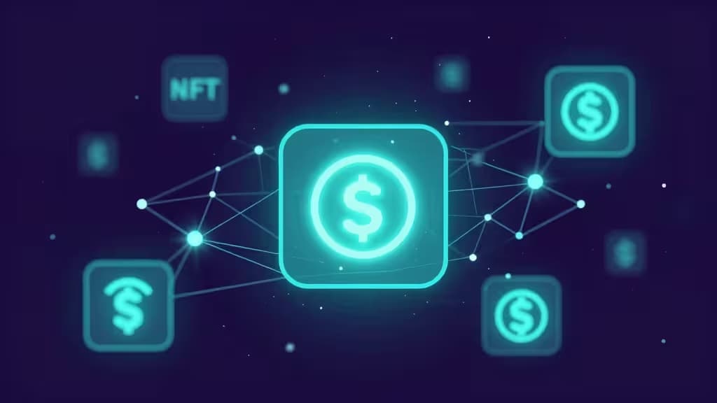 Iconos de dólar brillantes conectados por líneas de red sobre fondo oscuro, simbolizando el trading de NFTs con comisiones bajas.