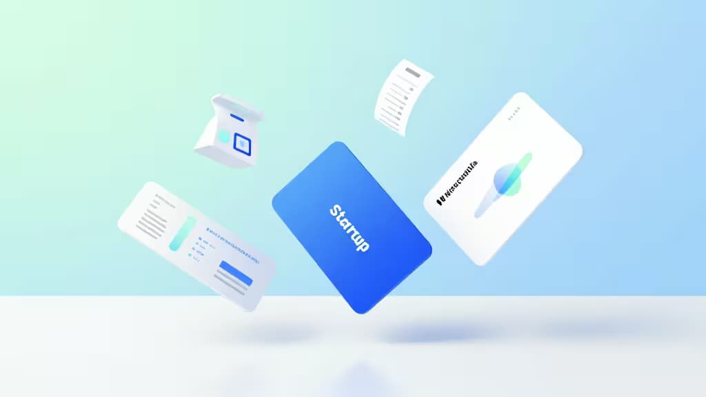 Abstract illustration of corporate cards and a finance dashboard with spend charts, representing expense management software for startups.