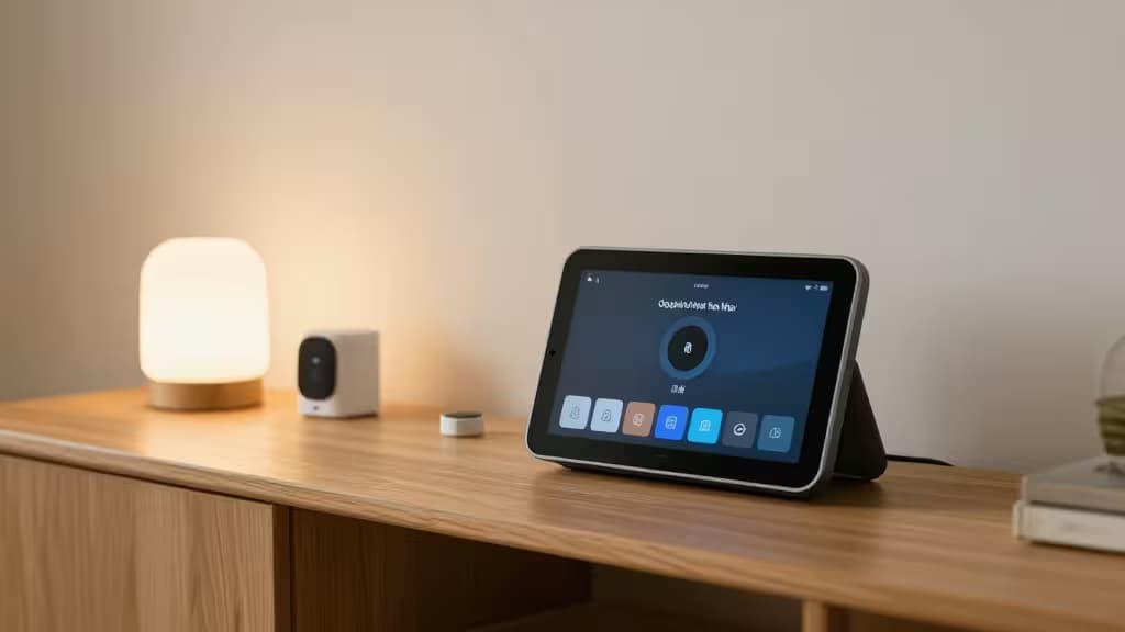 A Google Nest Hub Max sits on a light wood shelf beside a glowing lamp and smart speaker.