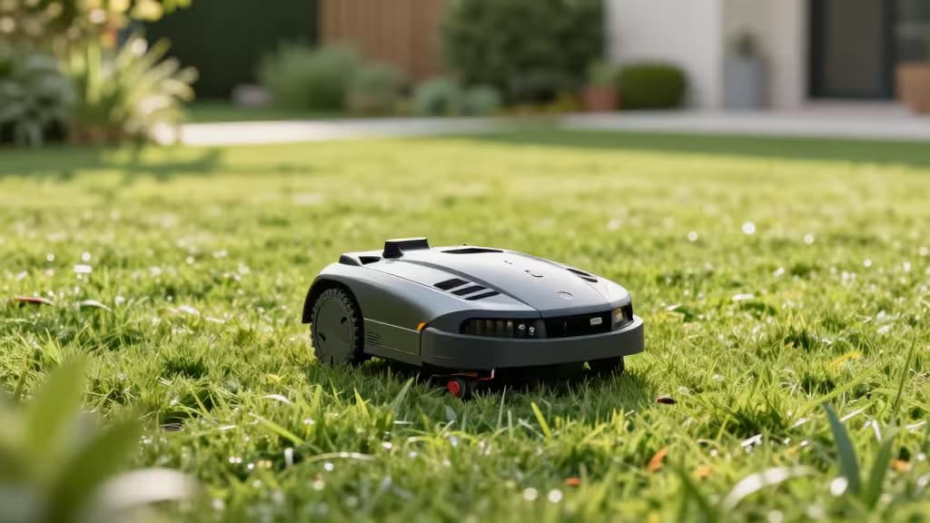Een robotmaaier glijdt over een verzorgd groen gazon in een moderne tuin bij ochtendlicht.
