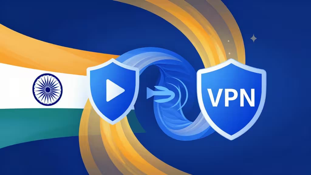 Ilustración abstracta de un túnel VPN seguro conectando a India con flujos de datos en tonos azafrán y azul, icono de escudo y motivo de streaming.