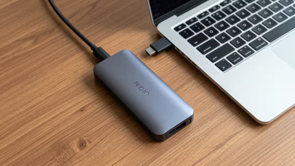 Sleek gray USB-C hub connects to MacBook Air via USB-C cable on wood desk.