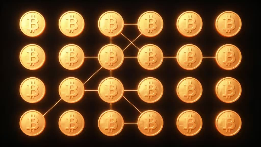 Glowing golden satoshi coins engraved with symbols and connected by luminous data threads on a dark background, representing Bitcoin Ordinals inscriptions