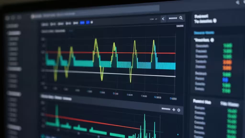 Un écran d'ordinateur affiche des graphiques détaillés de monitoring de performance avec des courbes de données fluctuant en vert, jaune et rouge.