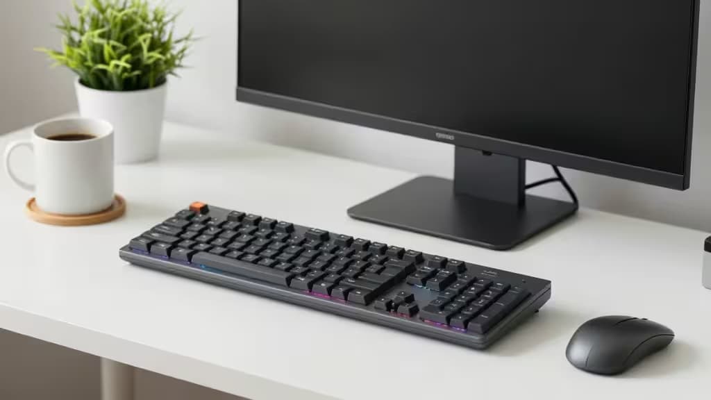 Low-profile mechanical keyboard with RGB lighting sits on a white desk beside a monitor and mouse.