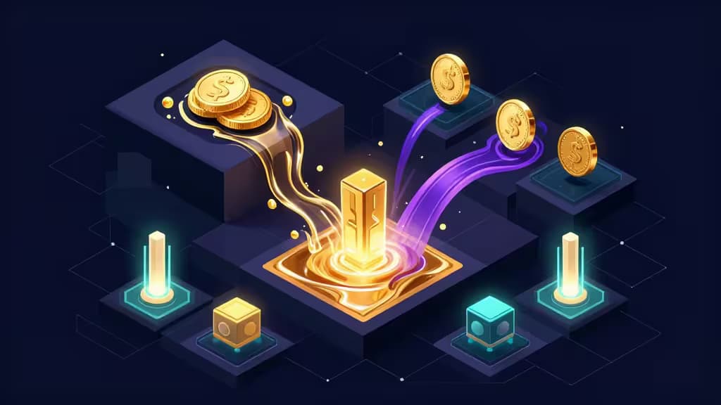 Golden Solana coins flow from a central glowing pillar into purple streams, symbolizing liquid staking yields across Sanctum, JitoSOL, JupSOL, and Marinade platforms.