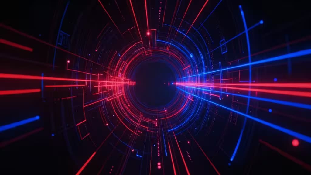 Um túnel digital vermelho e azul com padrões de circuitos, simbolizando caminhos seguros de dados e vigilância na dark web.