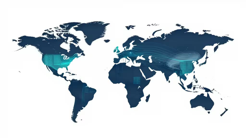 A stylized world map with glowing teal data streams connecting global regions, symbolizing edge computing observability.