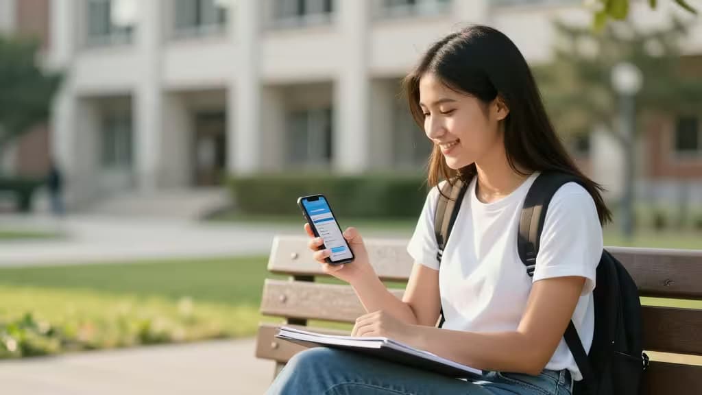 Een lachende studente checkt haar telefoon op een campusbankje, terwijl ze betaalrekeningen zonder hoge drempels bekijkt.