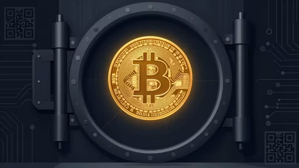 Un Bitcoin luminoso racchiuso in una porta blindata metallica, a simboleggiare la self-custody e la proprietà diretta rispetto agli ETF.