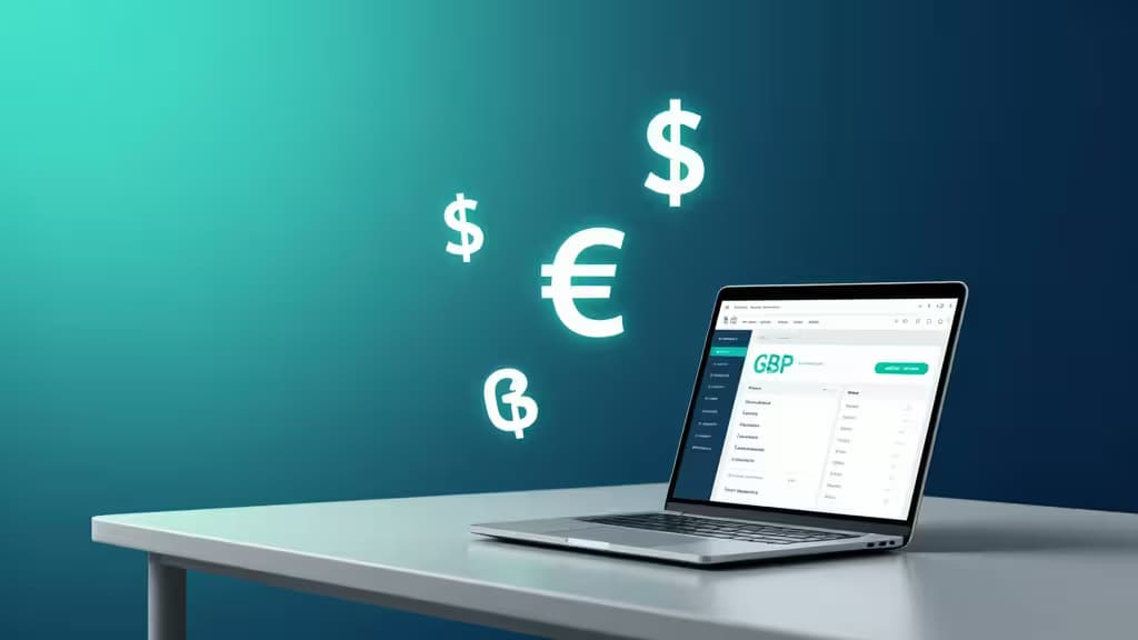 Laptop displays GBP dashboard while glowing dollar, euro, and pound symbols float above a sleek desk against a teal gradient background.