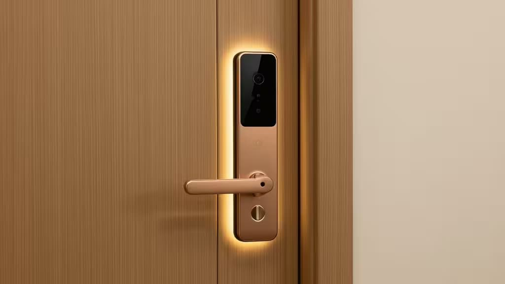 A sleek gold smart lock with a built-in camera glows warmly on a modern wooden door.