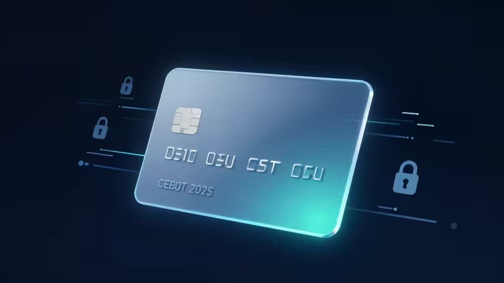 Translucent blue credit card floats amid glowing padlocks and encrypted data streams against a dark digital background.