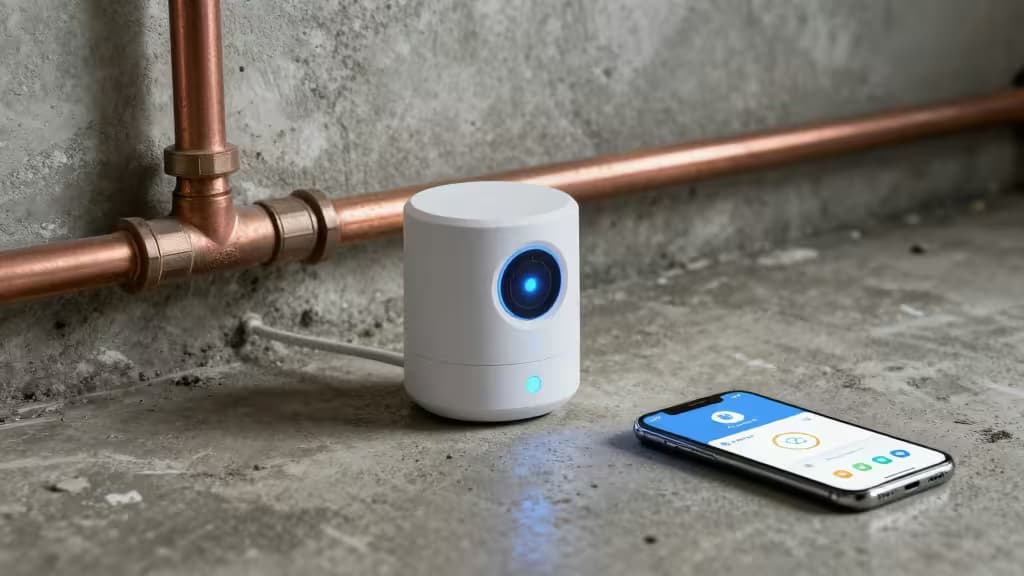 Slimme lekdetector op een keldervloer naast koperen waterleidingen, met een smartphone die een waterlekmelding toont