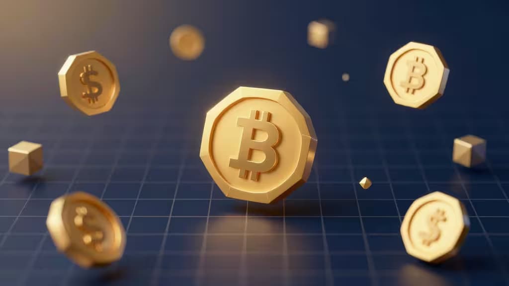 Abstract digital artwork of floating geometric blockchain tokens arranged in a ledger grid pattern with golden and deep blue gradient, representing cryptocurrency tax calculation for NFT trading.