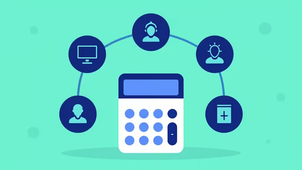 A calculator connects to user, computer, and database icons on a teal background.