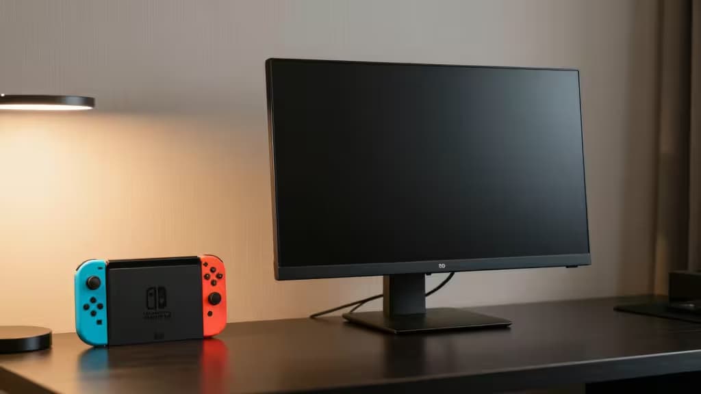 Un monitor portatile nero accanto a un dock per Nintendo Switch su una scrivania d'albergo in penombra, illuminato da una luce calda ambientale.
