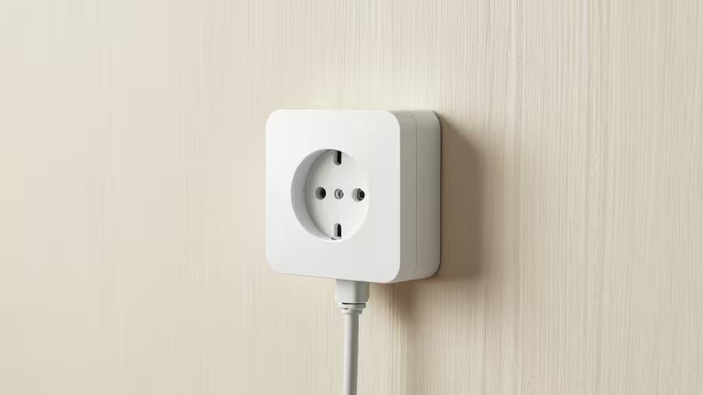 Un enchufe inteligente blanco montado sobre una pared de madera clara, conectado a un cable grueso, con iluminación suave de estudio